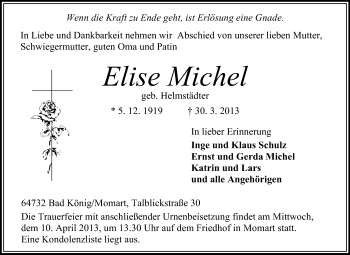Traueranzeige von Elise Michel von Odenwälder Echo