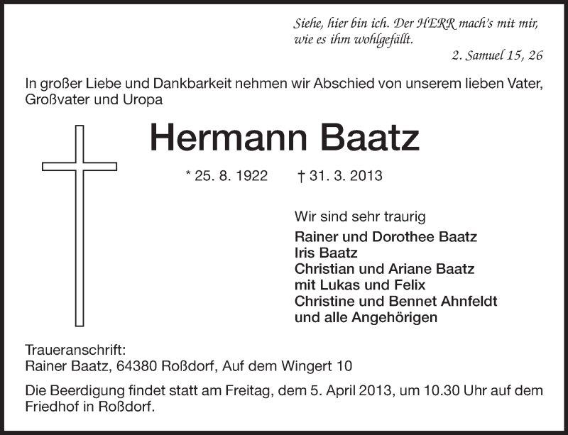  Traueranzeige für Hermann Baatz vom 03.04.2013 aus Echo-Zeitungen (Gesamtausgabe)