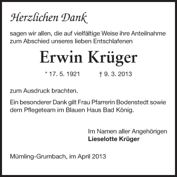 Traueranzeige von Erwin Krüger von Odenwälder Echo