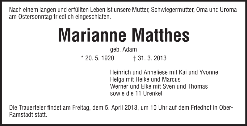  Traueranzeige für Marianne Matthes vom 03.04.2013 aus Echo-Zeitungen (Gesamtausgabe)