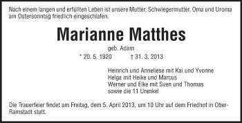 Traueranzeige von Marianne Matthes von Echo-Zeitungen (Gesamtausgabe)