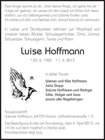 Traueranzeige von Luise Hoffmann von Odenwälder Echo