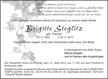 Traueranzeige von Brigitte Steglitz von Echo-Zeitungen (Gesamtausgabe)