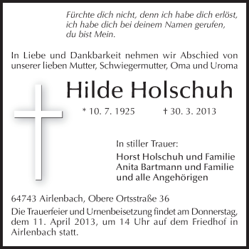 Traueranzeige von Hilde Holschuh von Odenwälder Echo