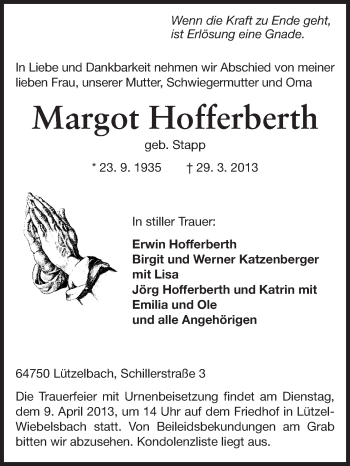Traueranzeige von Margot Hofferberth von Odenwälder Echo