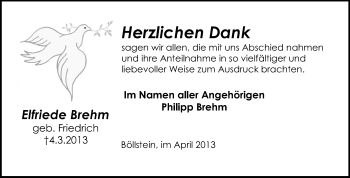 Traueranzeige von Elfriede Brehm von Odenwälder Echo