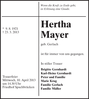 Traueranzeige von Hertha Mayer von Darmstädter Echo, Odenwälder Echo, Rüsselsheimer Echo, Groß-Gerauer-Echo, Ried Echo