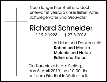 Traueranzeige von Richard Schneider von Echo-Zeitungen (Gesamtausgabe)