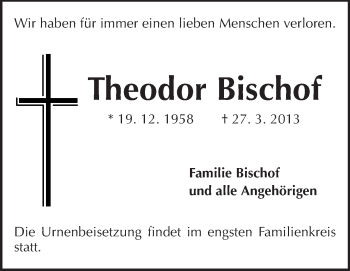 Traueranzeige von Theodor Bischof von Echo-Zeitungen (Gesamtausgabe)
