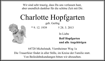 Traueranzeige von Charlotte Hopfgarten von Odenwälder Echo