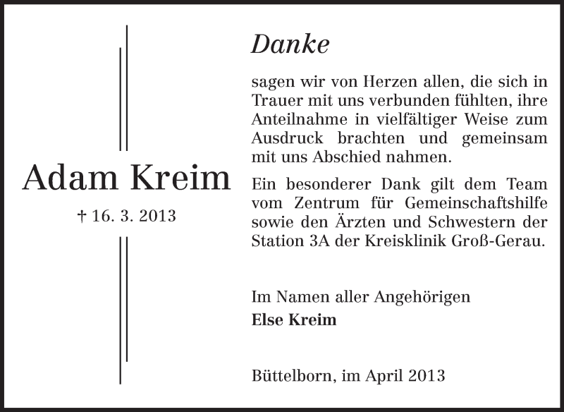  Traueranzeige für Adam Kreim vom 05.04.2013 aus Rüsselsheimer Echo, Groß-Gerauer-Echo, Ried Echo