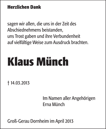 Traueranzeige von Klaus Münch  von Rüsselsheimer Echo, Groß-Gerauer-Echo, Ried Echo