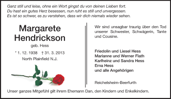 Traueranzeige von Margarete Hendrickson von Odenwälder Echo