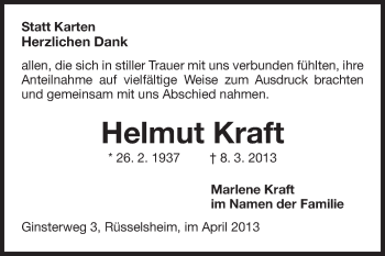 Traueranzeige von Helmut Kraft von Rüsselsheimer Echo, Groß-Gerauer-Echo, Ried Echo