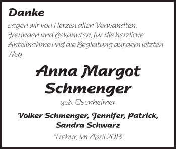 Traueranzeige von Anna Margot Schmenger von Rüsselsheimer Echo, Groß-Gerauer-Echo, Ried Echo