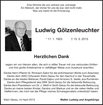 Traueranzeige von Ludwig Gölzenleuchter von Rüsselsheimer Echo, Groß-Gerauer-Echo, Ried Echo