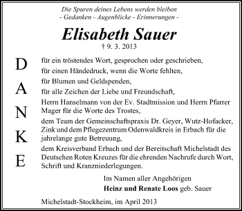 Traueranzeige von Elisabeth Sauer von Odenwälder Echo