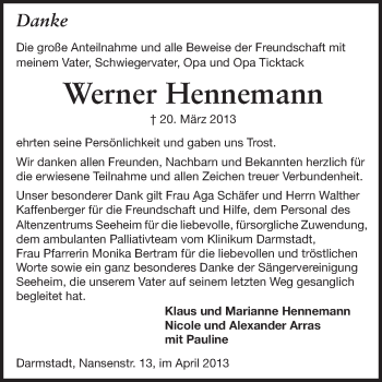 Traueranzeige von Werner Hennemann von Echo-Zeitungen (Gesamtausgabe)