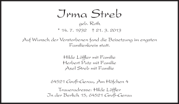 Traueranzeige von Irma Streb von Rüsselsheimer Echo, Groß-Gerauer-Echo, Ried Echo