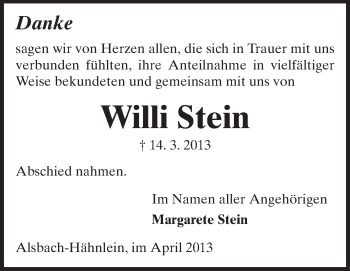Traueranzeige von Willi Stein von Echo-Zeitungen (Gesamtausgabe)