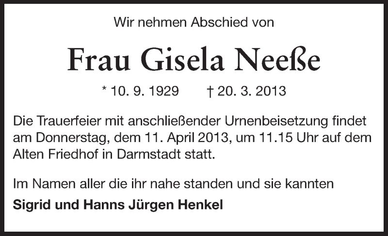  Traueranzeige für Gisela Neeße vom 06.04.2013 aus Echo-Zeitungen (Gesamtausgabe)