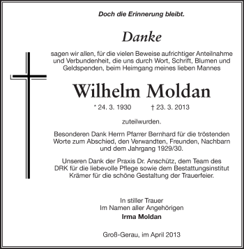 Traueranzeige von Wilhelm Moldan von Rüsselsheimer Echo, Groß-Gerauer-Echo, Ried Echo