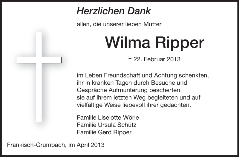  Traueranzeige für Wilma Ripper vom 06.04.2013 aus Odenwälder Echo