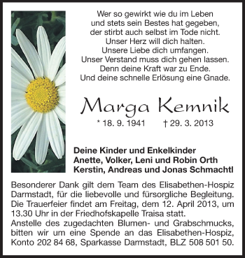 Traueranzeige von Marga Kemnik von Echo-Zeitungen (Gesamtausgabe)