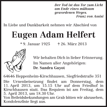 Traueranzeige von Eugen Adam Helfert von Starkenburger Echo