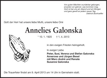 Traueranzeige von Annelies Galonska von Rüsselsheimer Echo, Groß-Gerauer-Echo, Ried Echo
