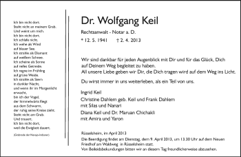 Traueranzeige von Wolfgang Keil von Rüsselsheimer Echo, Groß-Gerauer-Echo, Ried Echo