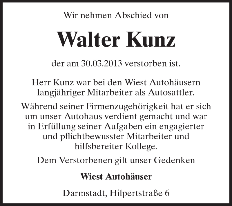  Traueranzeige für Walter Kunz vom 04.04.2013 aus Echo-Zeitungen (Gesamtausgabe)