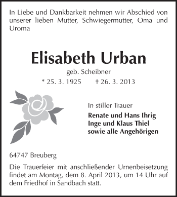 Traueranzeige von Elisabeth Urban von Odenwälder Echo