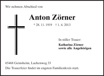 Traueranzeige von Anton Zörner von Rüsselsheimer Echo, Groß-Gerauer-Echo, Ried Echo