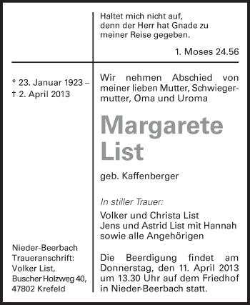 Traueranzeige von Margarete List von Echo-Zeitungen (Gesamtausgabe)