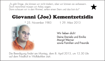 Traueranzeige von Giovanni Kementzetzidis von Rüsselsheimer Echo, Groß-Gerauer-Echo, Ried Echo