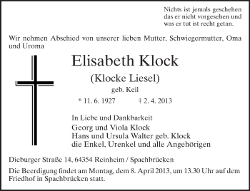 Traueranzeige von Elisabeth Klock von Echo-Zeitungen (Gesamtausgabe)