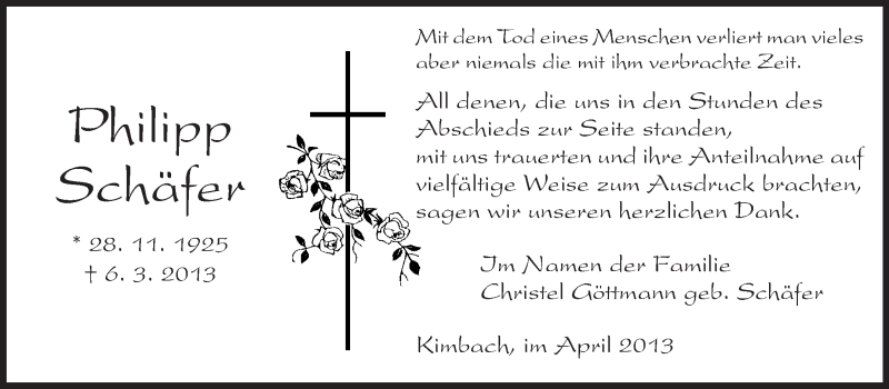  Traueranzeige für Philipp Schäfer vom 06.04.2013 aus Odenwälder Echo