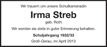 Traueranzeige von Irma Streb von Rüsselsheimer Echo, Groß-Gerauer-Echo, Ried Echo