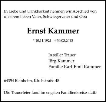 Traueranzeige von Ernst Kammer von Echo-Zeitungen (Gesamtausgabe)