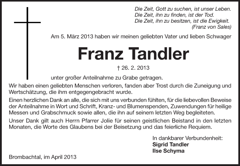  Traueranzeige für Franz Tandler vom 13.04.2013 aus Echo-Zeitungen (Gesamtausgabe)