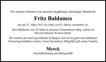 Traueranzeige von Fritz Baldames von Echo-Zeitungen (Gesamtausgabe)