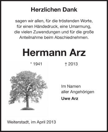 Traueranzeige von Hermann Arz von Echo-Zeitungen (Gesamtausgabe)