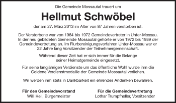 Traueranzeige von Hellmut Schwöbel von Odenwälder Echo