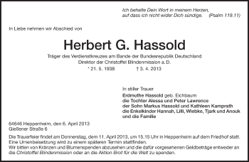 Traueranzeige von Herbert Georg Hassold von Starkenburger Echo, Bergsträßer Anzeiger