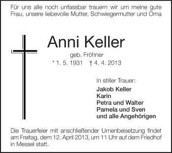 Traueranzeige von Anni Keller von Darmstädter Echo, Odenwälder Echo, Rüsselsheimer Echo, Groß-Gerauer-Echo, Ried Echo