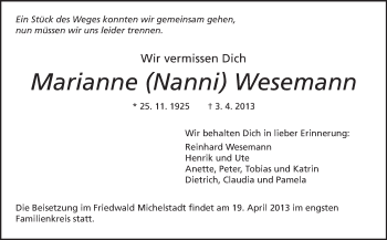 Traueranzeige von Marianne Wesemann von Echo-Zeitungen (Gesamtausgabe)