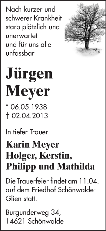 Traueranzeige von Jürgen Meyer von Echo-Zeitungen (Gesamtausgabe)