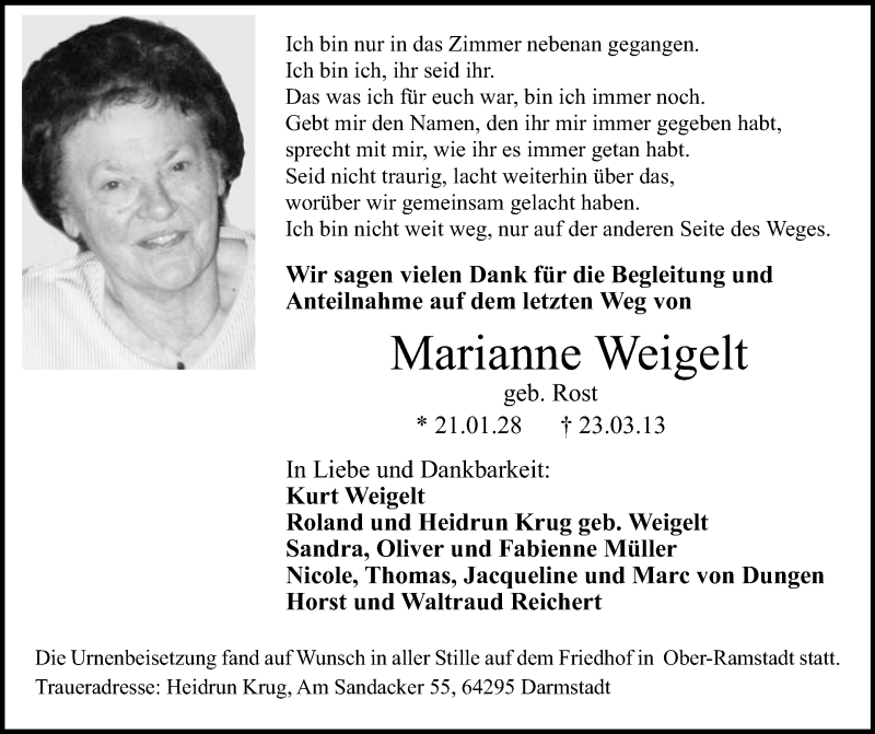 Traueranzeige für Marianne Weigelt vom 06.04.2013 aus Echo-Zeitungen (Gesamtausgabe)