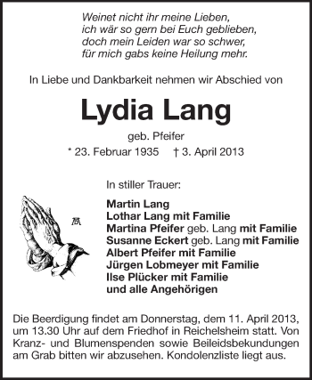 Traueranzeige von Lydia Lang von Odenwälder Echo